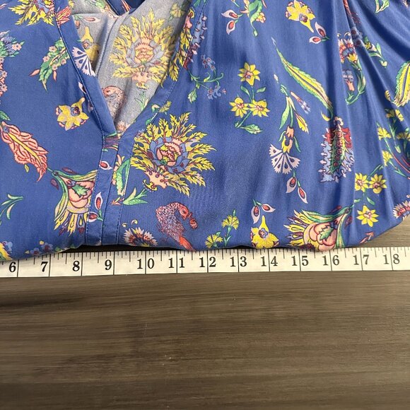 Gap Blue Floral Kimono Style Drape Maxi Dress V Neck Gathered Waist Size Medium - Picture 9 of 10